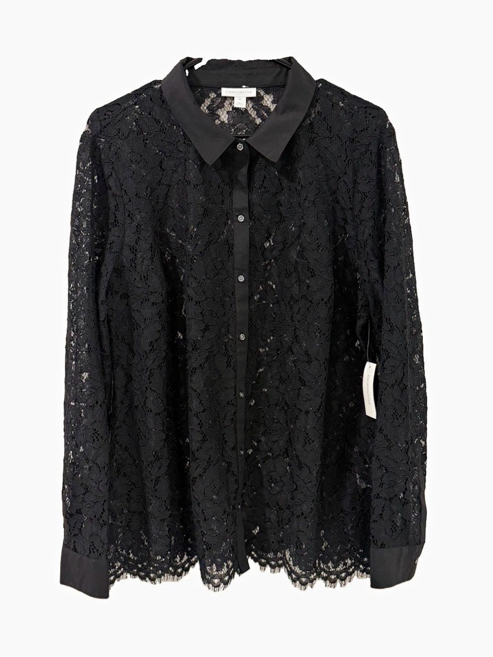 Charter Club Women’s Black Floral Lace Sheer Collared Button-Down Blouse XL